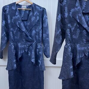 Apostrophe Vintage Blue Brocade Peplum Dress Size 10 Cocktail Chic Professional